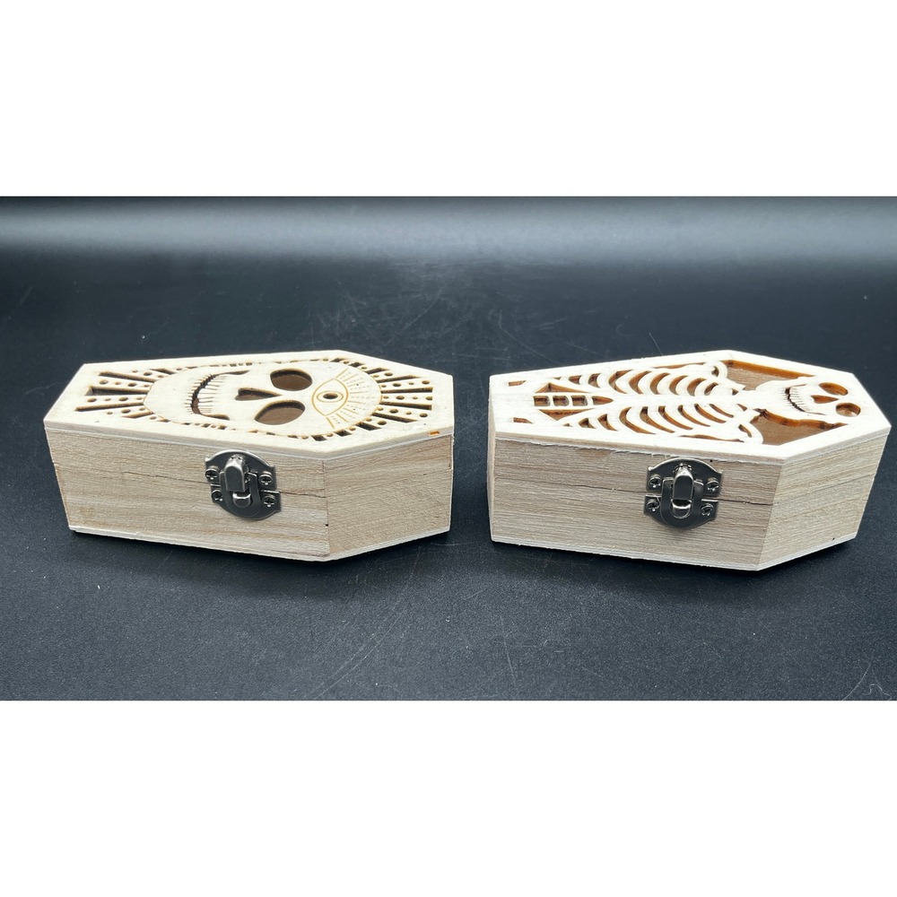 Wood Coffin Trinket Boxes LED Color Changing Skull Skeleton Halloween Decor 2pc - Picture 10 of 11